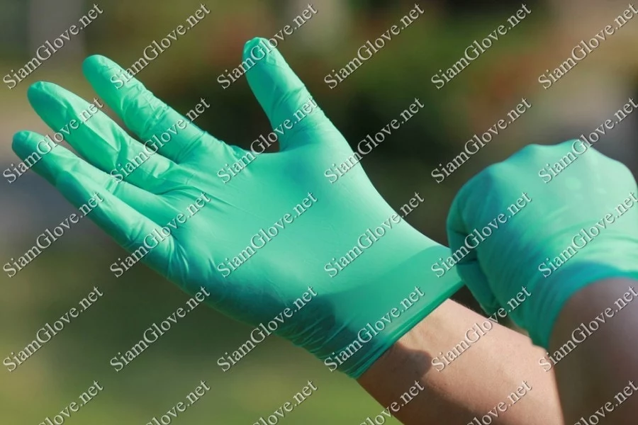 Blue disposable medical glove for health and laboratory use.