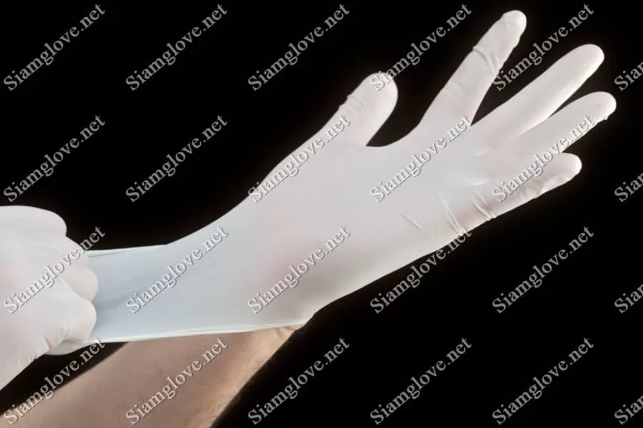 Blue disposable medical glove for health and laboratory use.