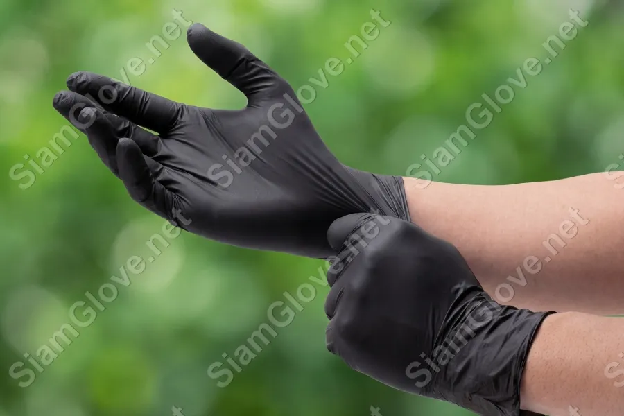 Nitrile medical gloves being worn for safety and hygiene purposes.