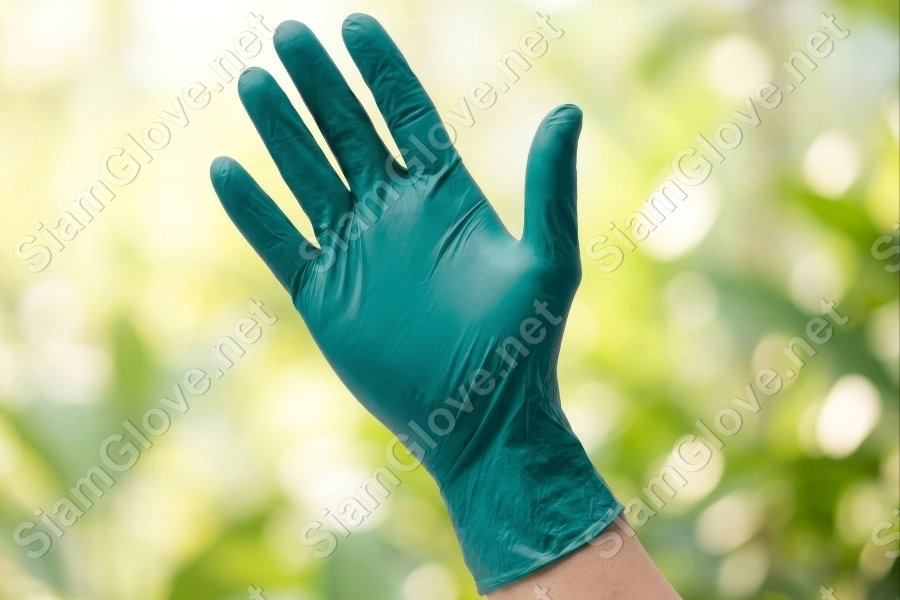 Blue disposable medical glove for health and laboratory use.