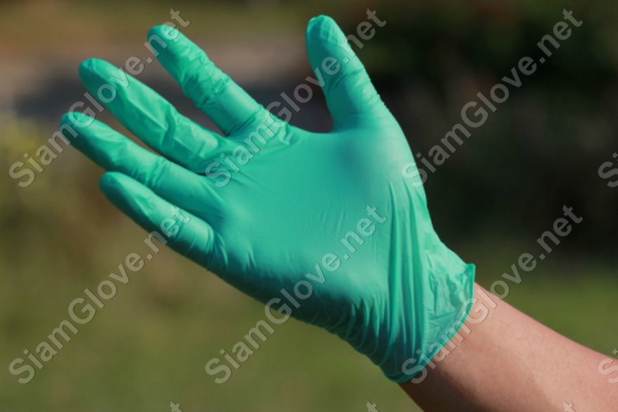 Blue disposable medical glove for health and laboratory use.