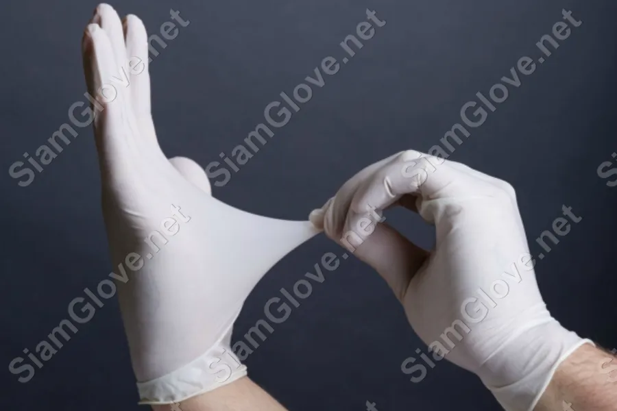 Blue disposable medical glove for health and laboratory use.