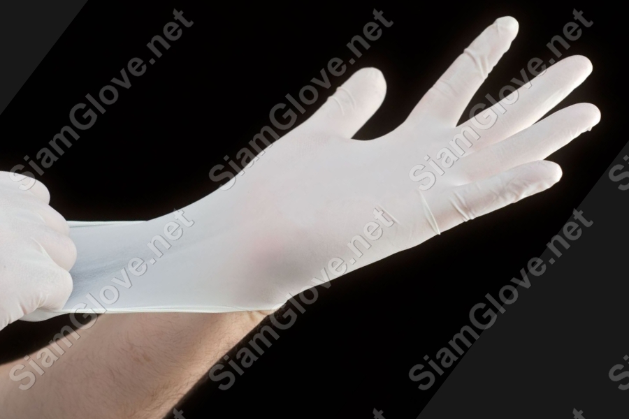 Blue disposable medical glove for health and laboratory use.