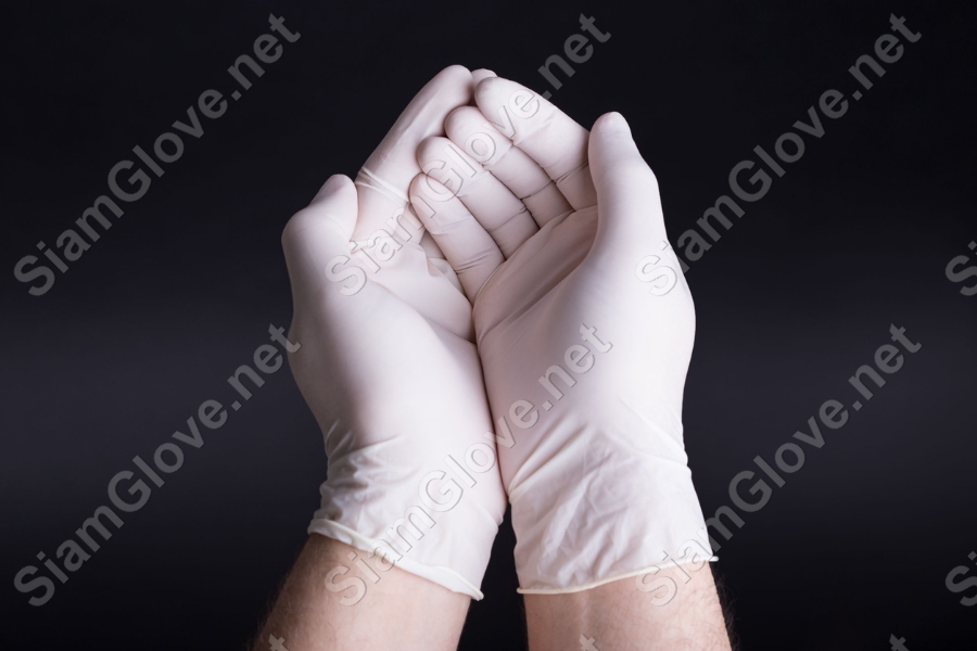 Blue disposable medical glove for health and laboratory use.