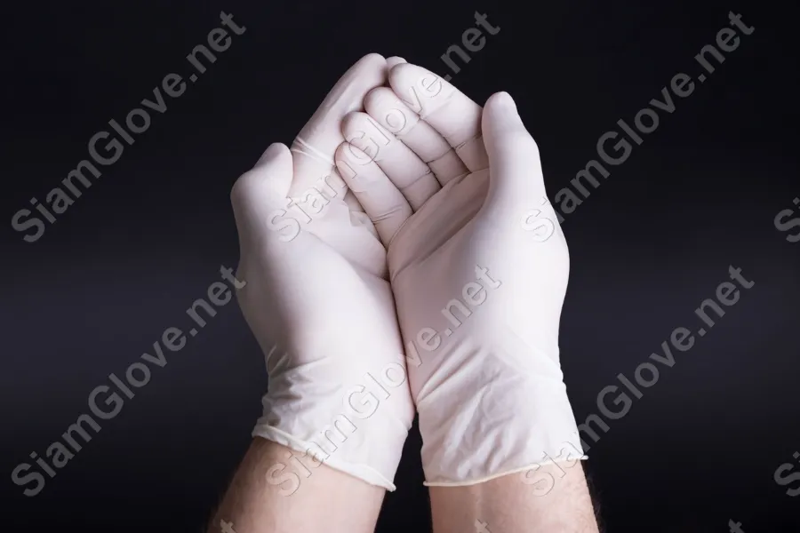 Blue disposable medical glove for health and laboratory use.