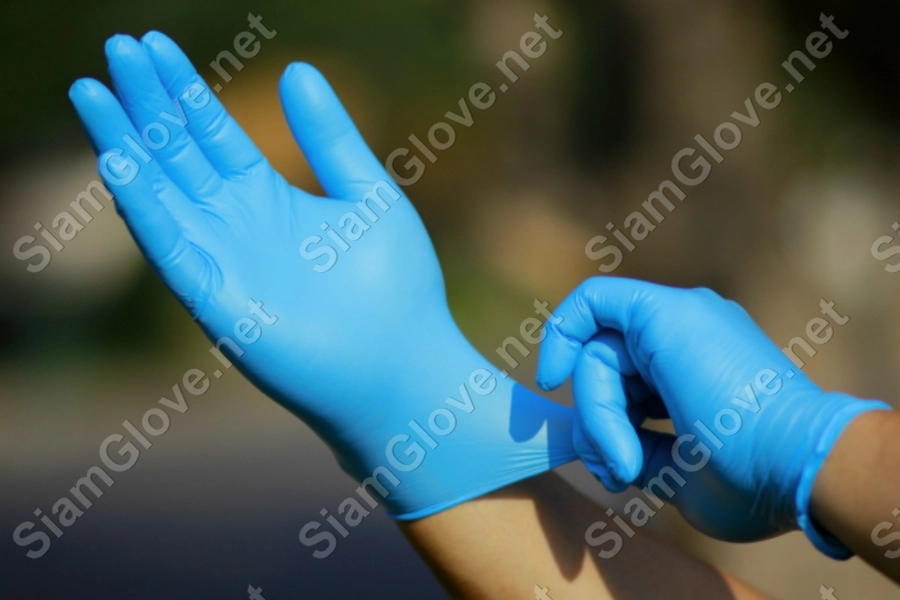 Blue disposable medical glove for health and laboratory use.